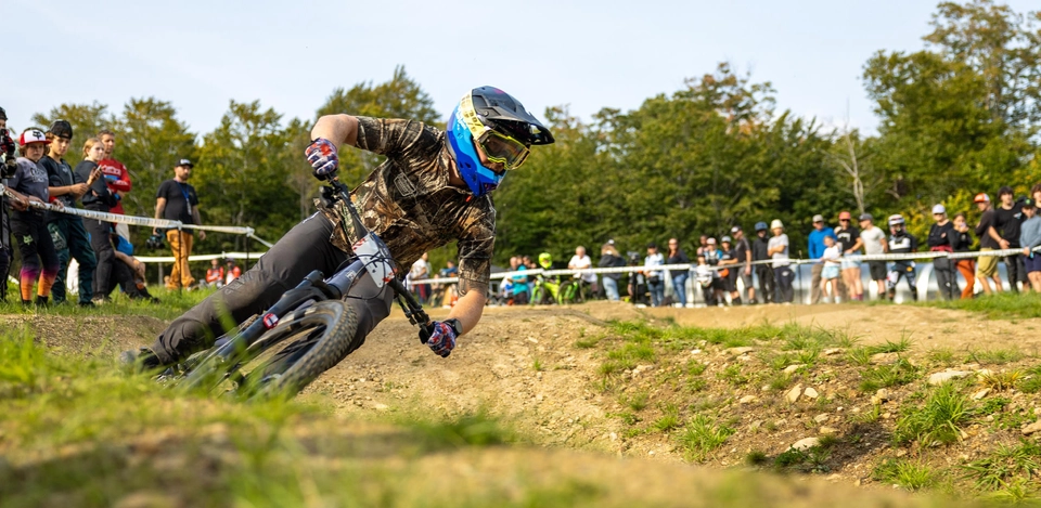 Fox US Open rider berms down the track at lightning in a hurry to get that first place spot.